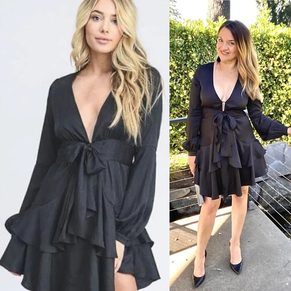 NWT Storia Low Cut Black Ruffle Mini Dress, Small